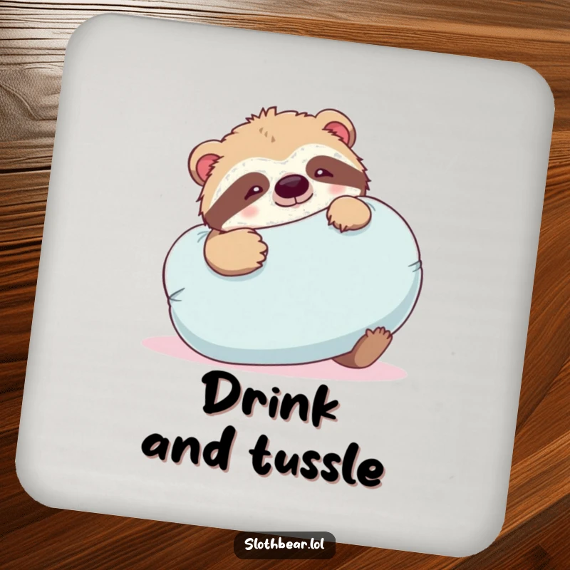 Funny sloth bear drink coaster featuring a bear playfully wrestling with a large, soft pillow, adding playful style.