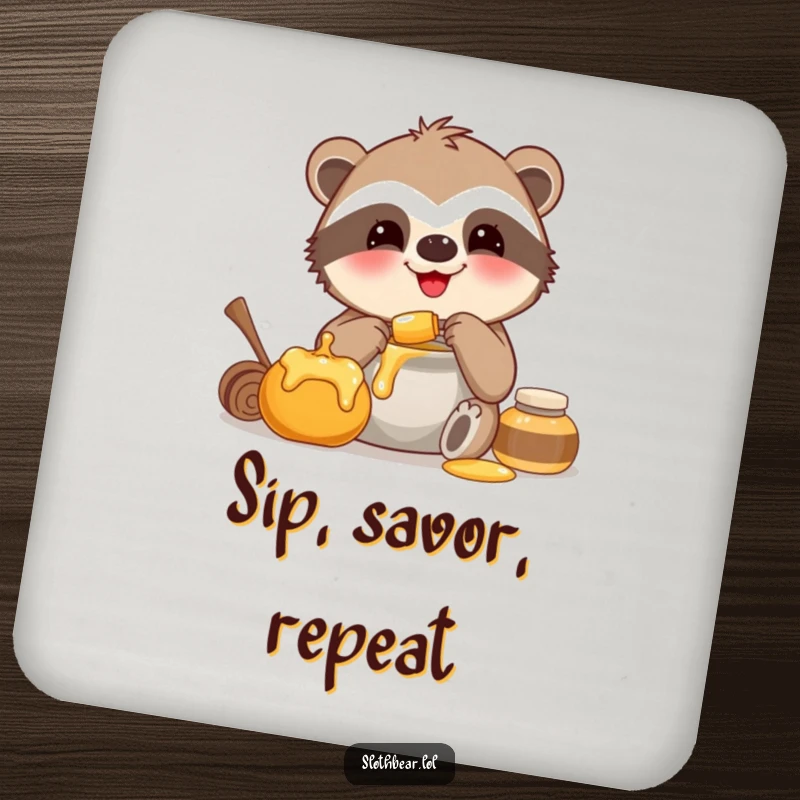 Funny coasters featuring a smiling sloth bear happily eating honey, protecting surfaces with charm.