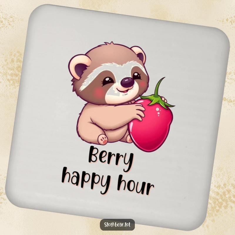 Funny drink coaster: A kawaii sloth bear character reaching for a berry, adding sweet art to beverage protection.