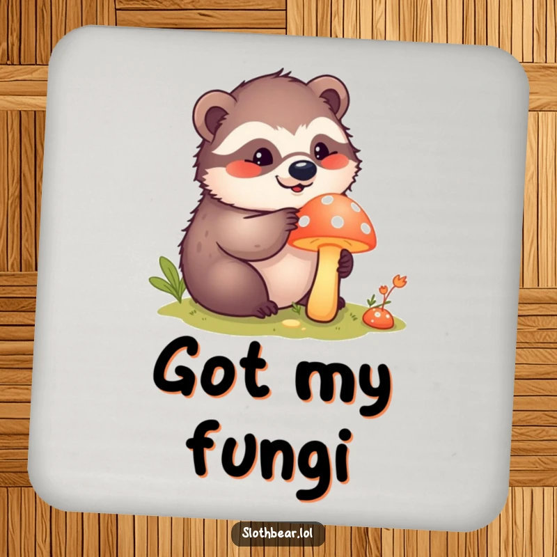 Funny kawaii sloth bear curiously poking a bright mushroom on a protective drink coaster, adding playful humor to surfaces.
