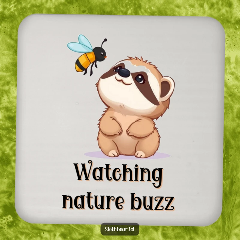 Funny drink coasters featuring a small sloth bear character looking up with fascination at a buzzing bee, adding charming wildlife humor.