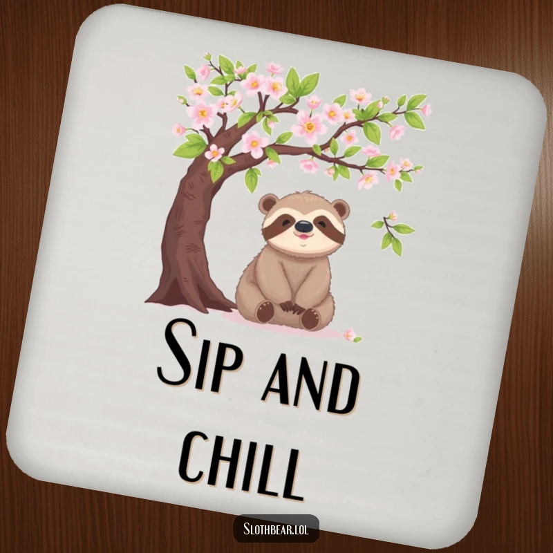 Funny sloth bear coaster, under blooming tree, peaceful, nature protection, humorous accessory.