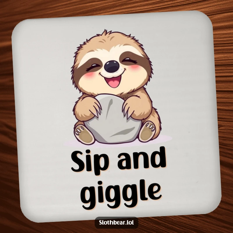 Funny Drink Coaster featuring a sloth bear giggling while playing with a smooth stone, adding humorous protection.