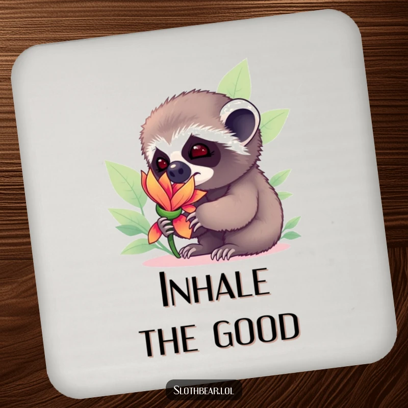 Funny sloth bear cub curiously sniffing a flower, designed as a charming and humorous drink coaster.