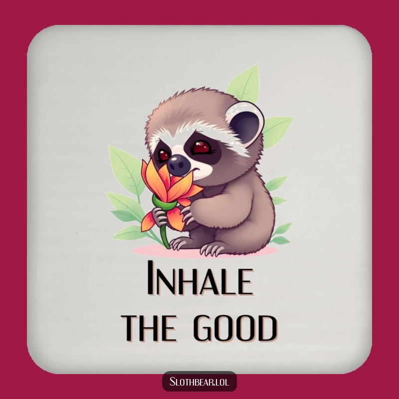 Funny Sloth Bear Cub Drink Coaster: Curious Cub and Flower Art, a Unique Funny Gift