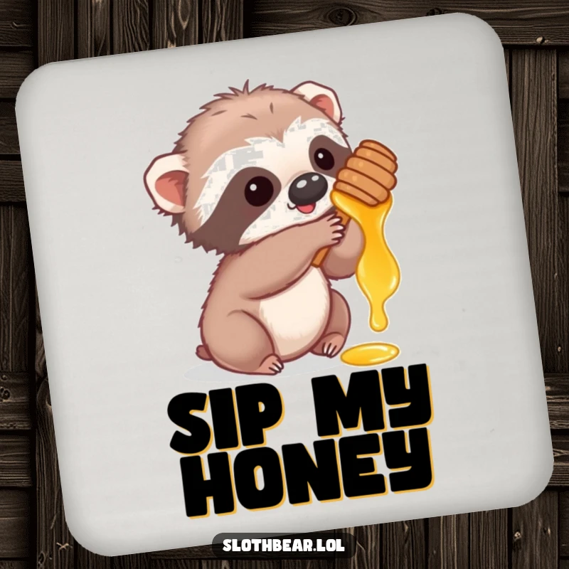 Funny coaster with a cute sloth bear cub playfully reaching for honey, protecting surfaces with sweet charm.