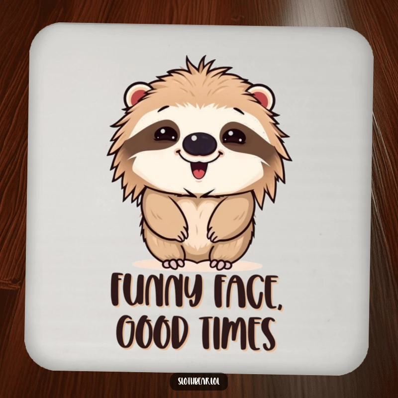 Funny drink coaster displaying a sloth bear making a comical face, offering surface protection with a humorous and expressive design.