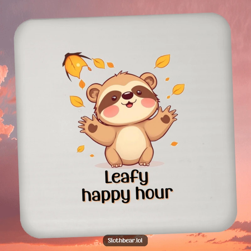 Funny sloth bear leaves coasters, featuring a playful character catching leaves, adding autumnal charm to your home decor.