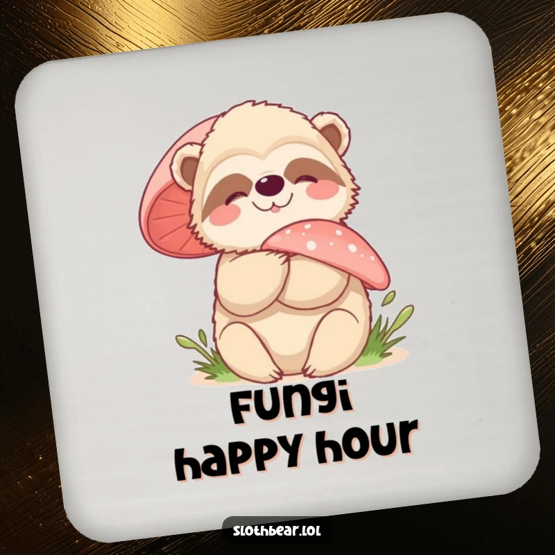 Funny sloth bear mushroom hug coasters, featuring a character embracing a mushroom, adding woodland whimsy to your decor.