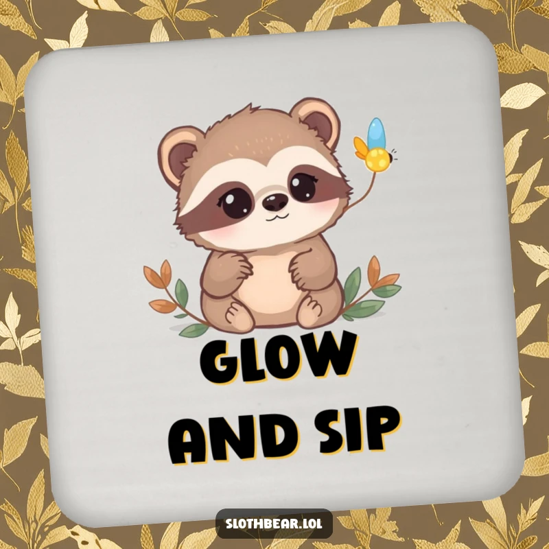 Funny sloth bear drink coaster featuring a bear with curious eyes watching a firefly blink on, adding curious charm.