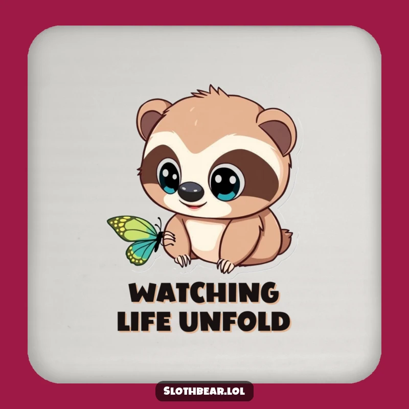 Quirky Sloth Bear Coaster: Funny Butterfly Scene, Protect Surfaces Gift