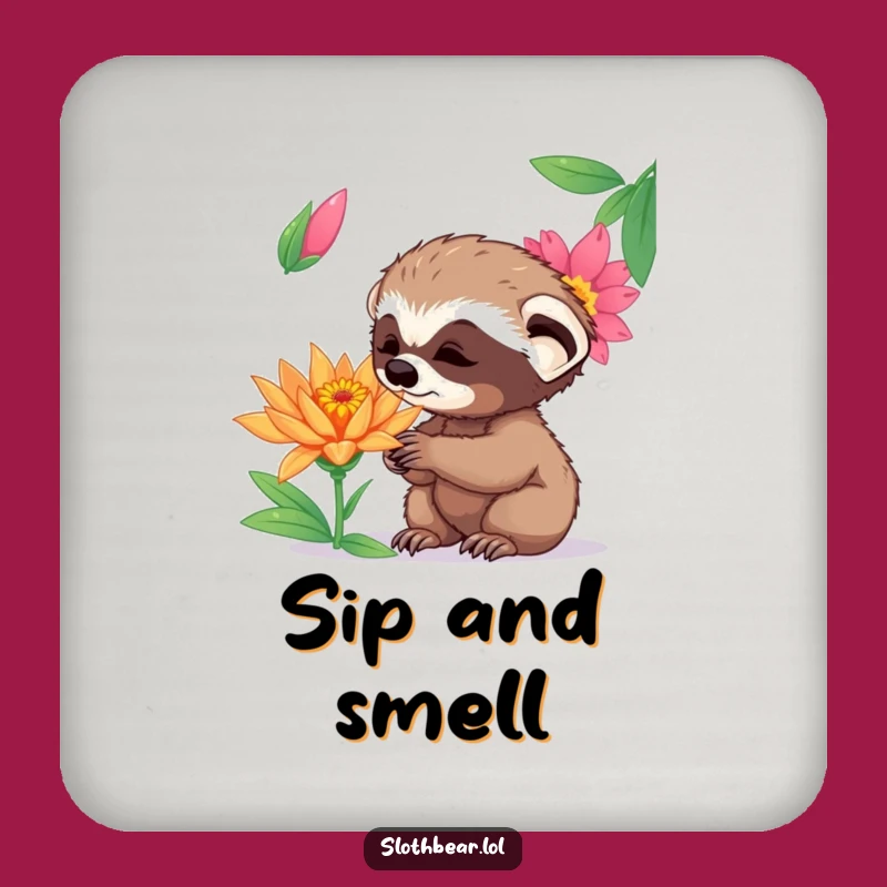 Funny Curious Sloth Bear Cub Coaster - Protect Surfaces with Flower Art Gift