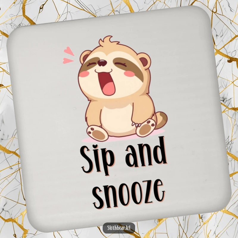 Funny coasters featuring a sloth bear character yawning widely with a contented sigh, perfect for tables.