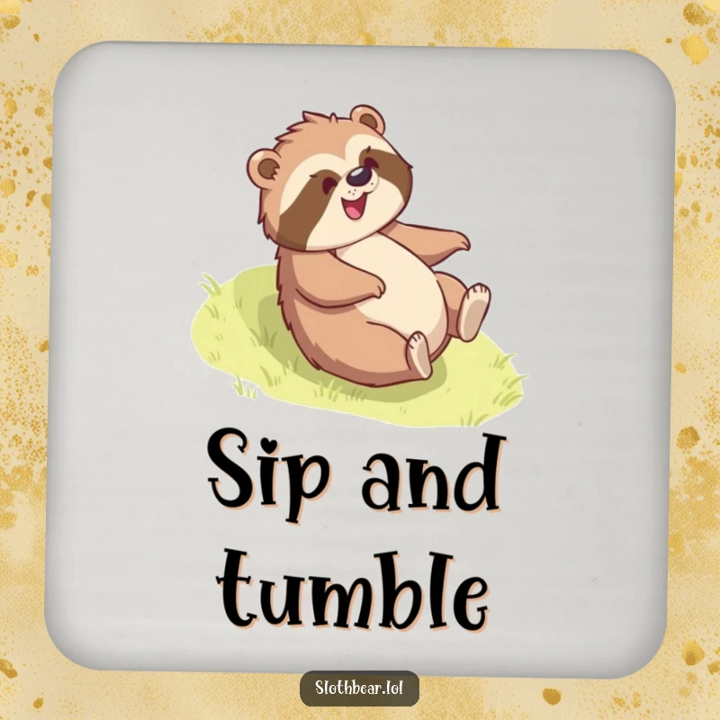 Funny sloth bear drink coaster with a bear joyfully rolling down a grassy slope, adding playful humor and surface protection.