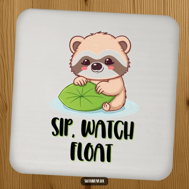 Funny drink coaster featuring a kawaii sloth bear gently nudging a floating leaf.