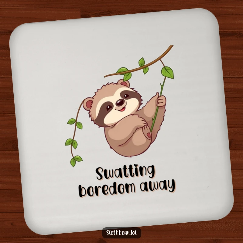 Funny drink coaster: A cute sloth bear character swatting at a dangling vine, adding playful art to beverage protection.