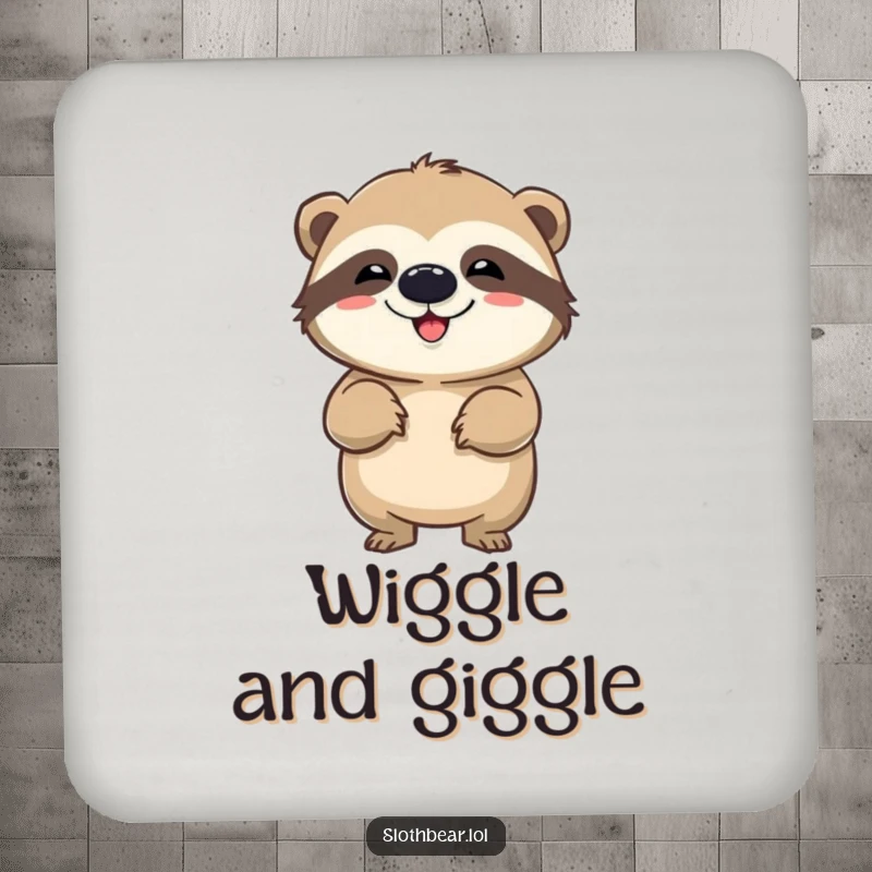Funny drink coaster displaying a sloth bear in a comical wiggle, offering surface protection with a humorous and energetic design.