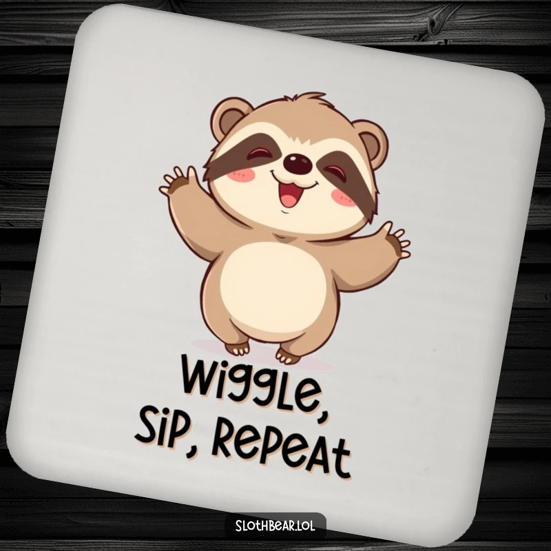 Funny drink coaster: A kawaii sloth bear character doing a slow wiggle, adding joyful art to beverage protection.