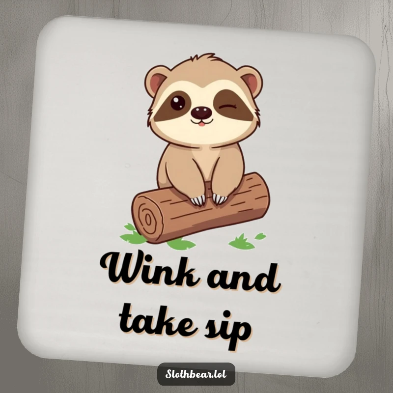 Funny Sloth Bear Coaster showing a winking character sitting on a log, perfect for adding a playful and mischievous touch to any table.