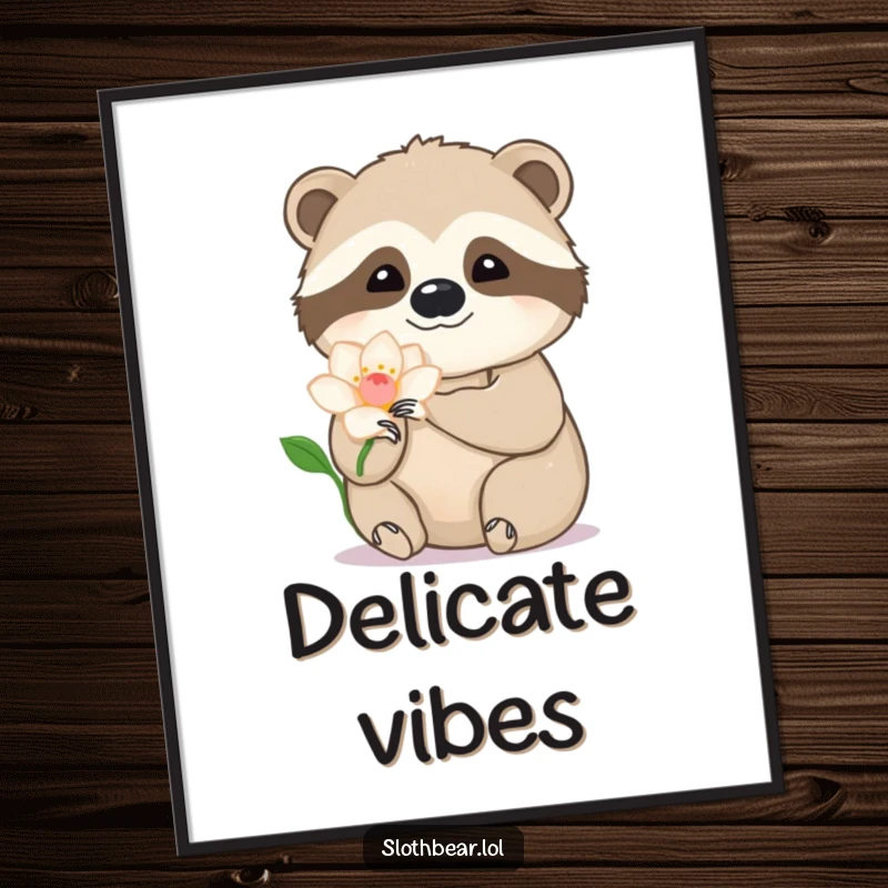 Funny sloth bear poster with a paw gently caressing a delicate flower petal, highlighting tenderness and artistic humor.