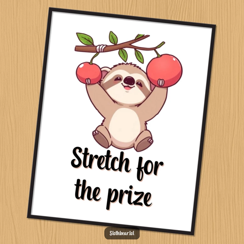 Funny poster featuring a baby sloth bear cub with a funny, focused expression, reaching for a hanging piece of fruit.