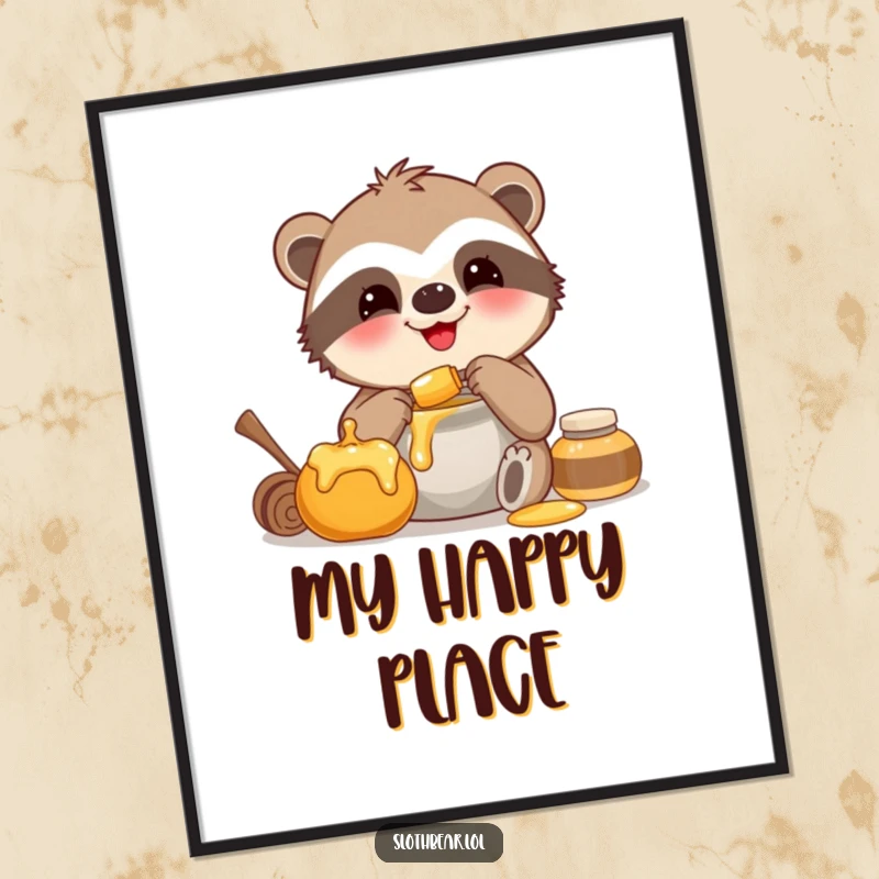 Funny poster art of a smiling sloth bear happily eating from a honey pot, bringing sweetness and humor.