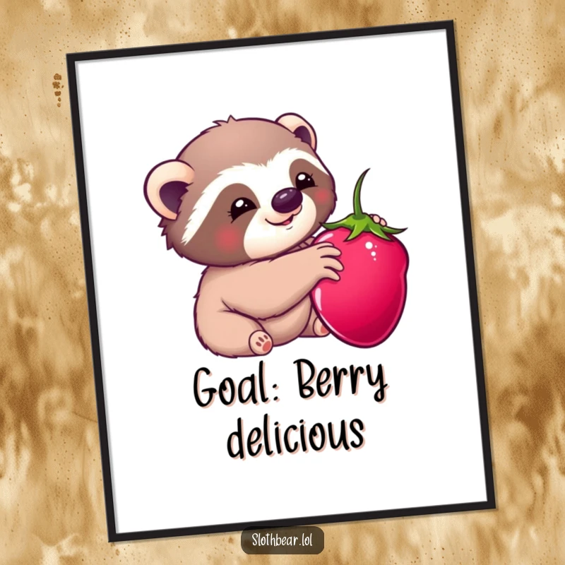 Funny poster art: A kawaii sloth bear character happily reaching for a ripe berry, embodying pure sweetness and joy.