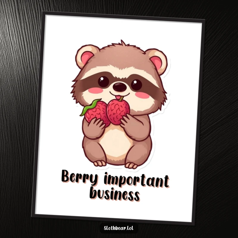 Funny kawaii sloth bear holding a single, perfect berry with immense delight on a vibrant poster, perfect for cheerful decor.