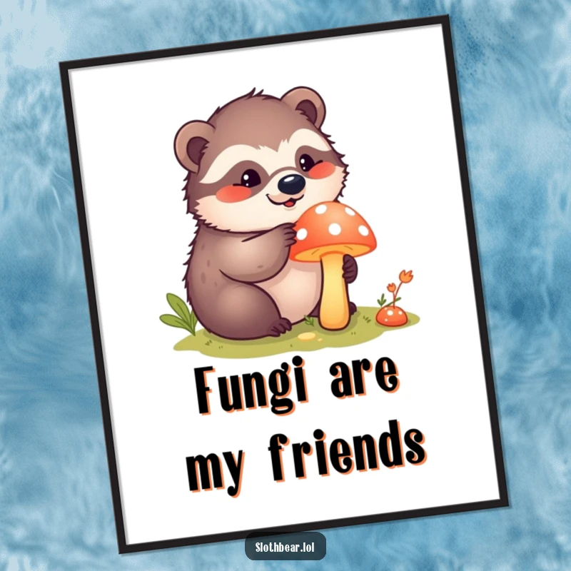 Funny kawaii sloth bear curiously poking a bright mushroom on a vibrant poster, perfect for adding intrigue to decor.
