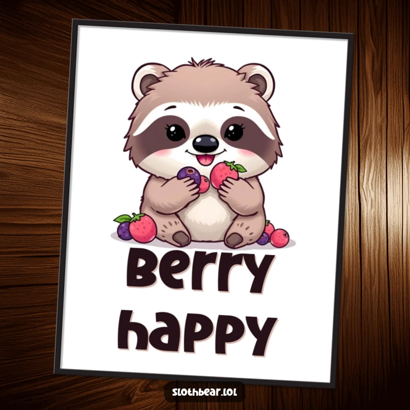 Funny kawaii sloth bear poster showcasing a sweet character enjoying digital berries, a humorous and charming wall art.