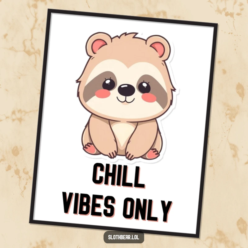 Funny kawaii sloth bear poster featuring a sweetly smiling character, adding a touch of gentle, contented art and cute vibes to any wall.