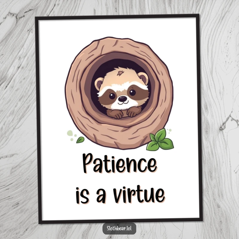 Funny sloth bear cub peeking out from a hollow log, rendered as a charming wildlife art poster, perfect for adding humor.