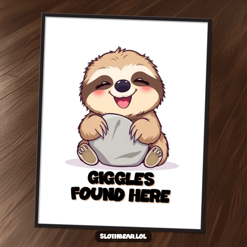 Funny Poster of a sloth bear giggling heartily while playing with a smooth stone, a heartwarming depiction of simple fun.