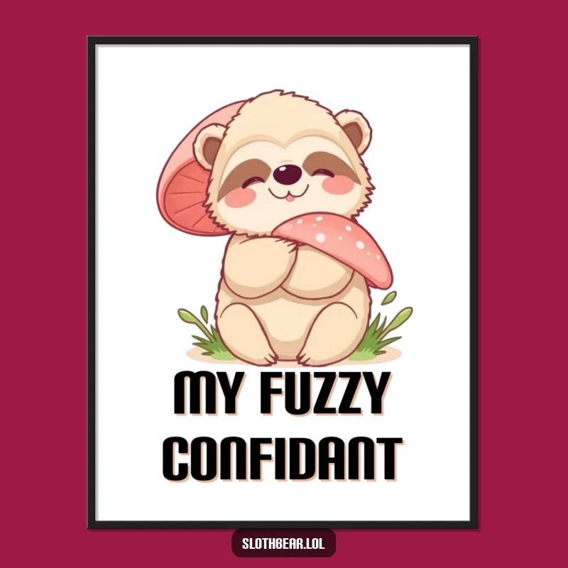 Funny Sloth Bear Mushroom Hug Poster - Enchanting Woodland Wall Art