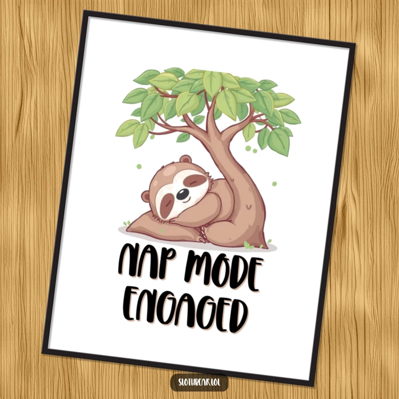 Funny poster of a happy sloth bear character enjoying a gentle nap under a leafy tree, conveying tranquility and relaxation.