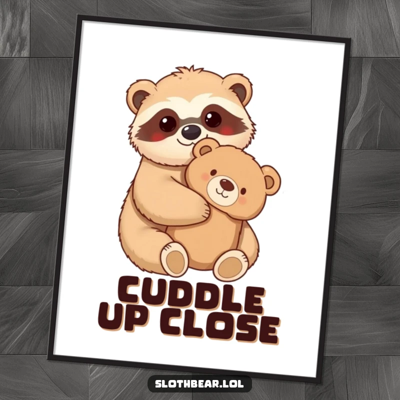 Funny Poster art of a kawaii sloth bear character hugging a fuzzy teddy bear, creating a heartwarming and adorable scene.
