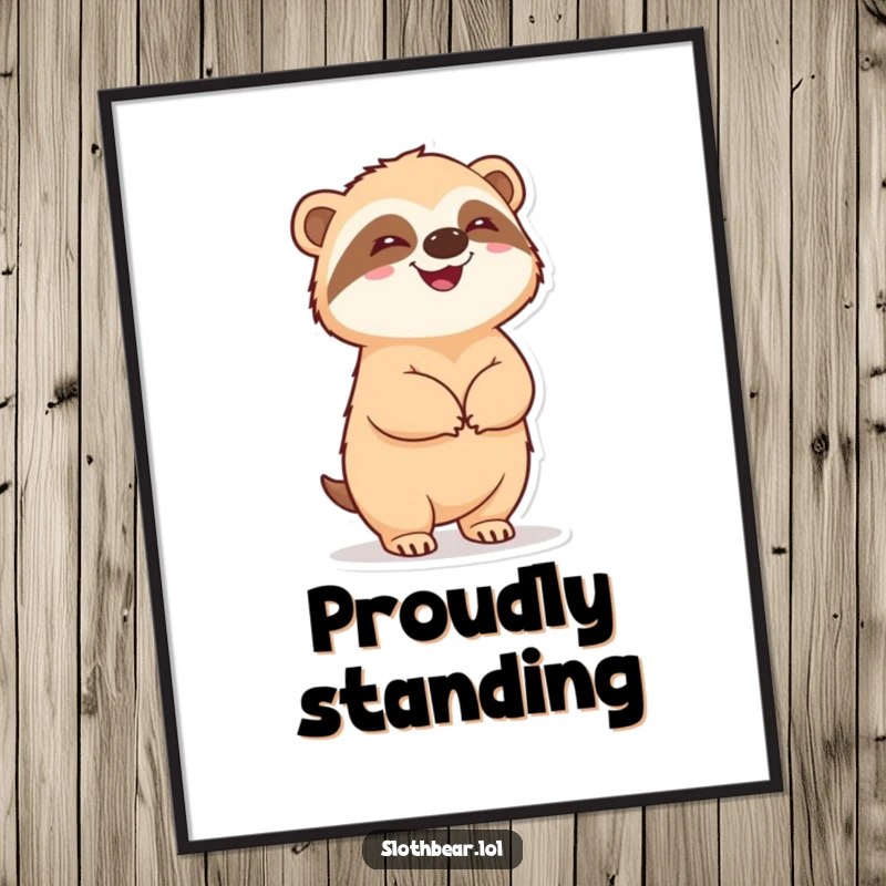 Funny sloth bear standing on its hind legs, looking pleased and happy, presented as a vibrant piece of wall art.