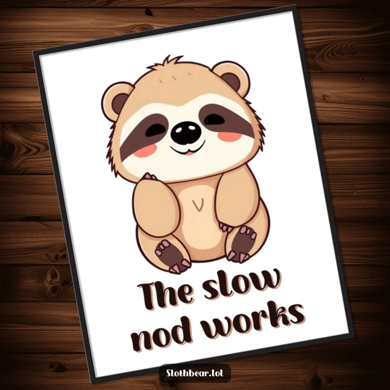 Funny Poster art of a kawaii sloth bear character giving a slow, friendly nod, creating a peaceful and reassuring scene.