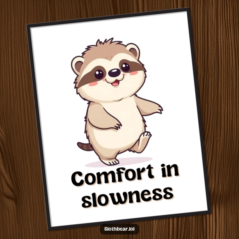 Funny Sloth Bear Poster depicting a character engaged in a slow, happy shuffle, conveying a sense of pure contentment and relaxation.