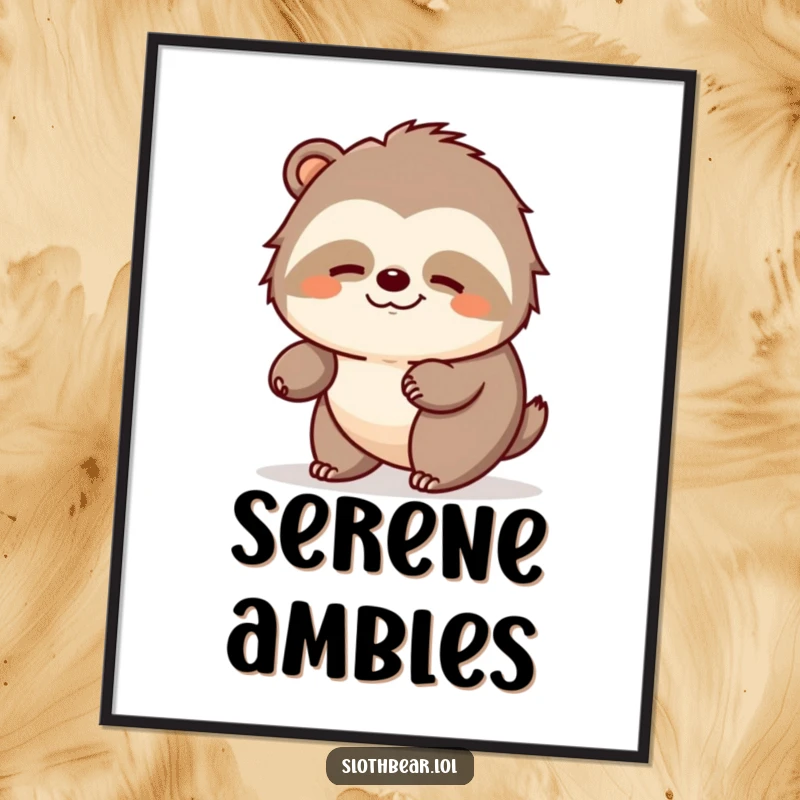 Funny sloth bear poster showing a bear ambling peacefully with a contented expression, serene and calming art.