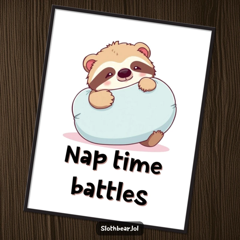 Funny sloth bear poster showing a bear playfully wrestling with a large, soft pillow, energetic and humorous art.