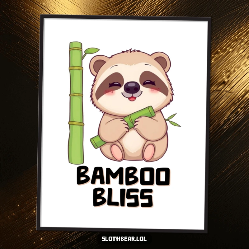 Funny sloth bear poster showing a gentle bear with a smile munching on a juicy bamboo stalk, serene nature art.