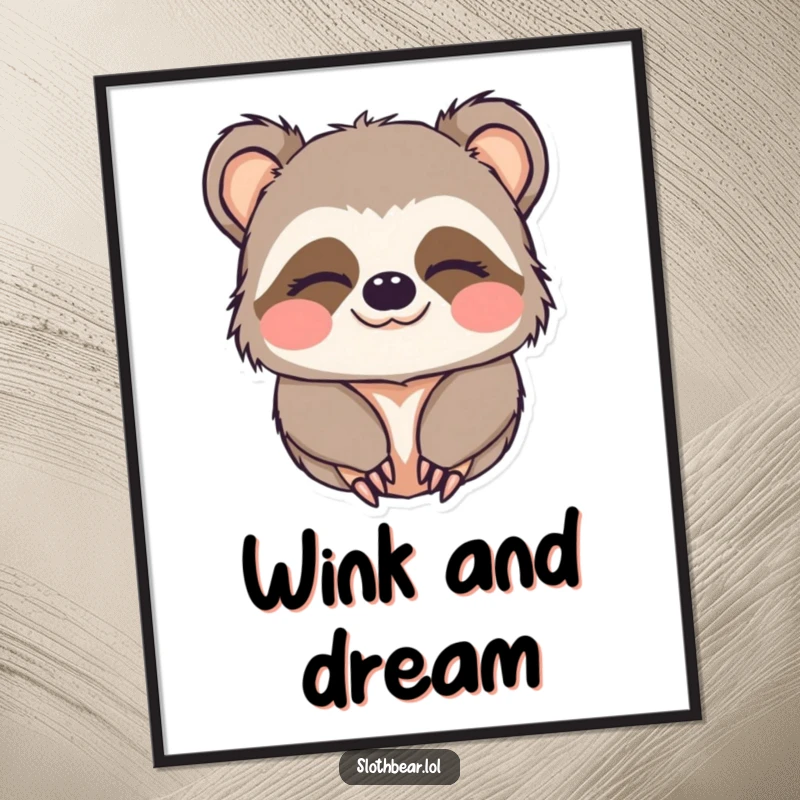 Funny poster artwork of a kawaii sloth bear character with its eyes half-closed, giving a charming, sleepy wink.