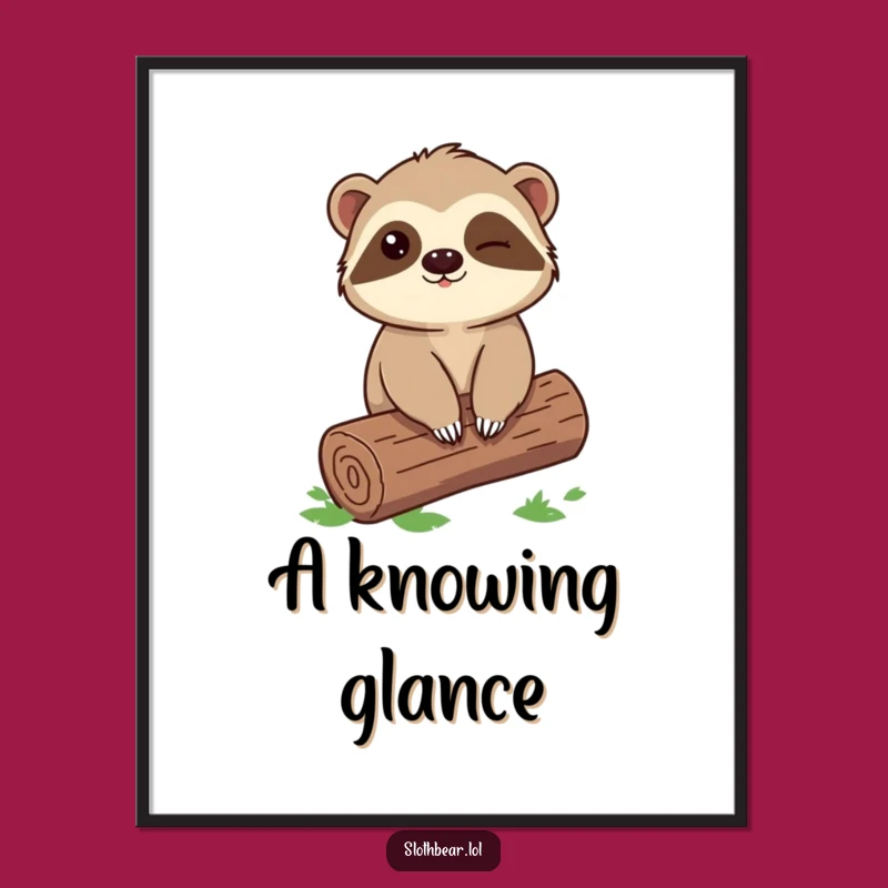 Funny Sloth Bear Poster: Winking Log Art, Playful Wall Decor Gift