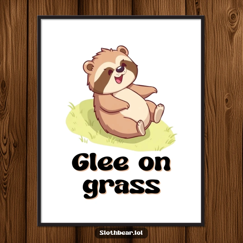 Funny sloth bear poster capturing a bear joyfully rolling down a grassy slope with an expression of pure glee and fun.