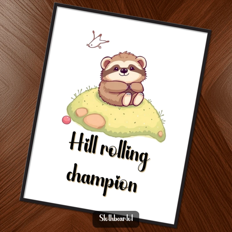 Funny kawaii sloth bear in mid-roll down a soft hill on a vibrant poster, adding a playful touch to decor.