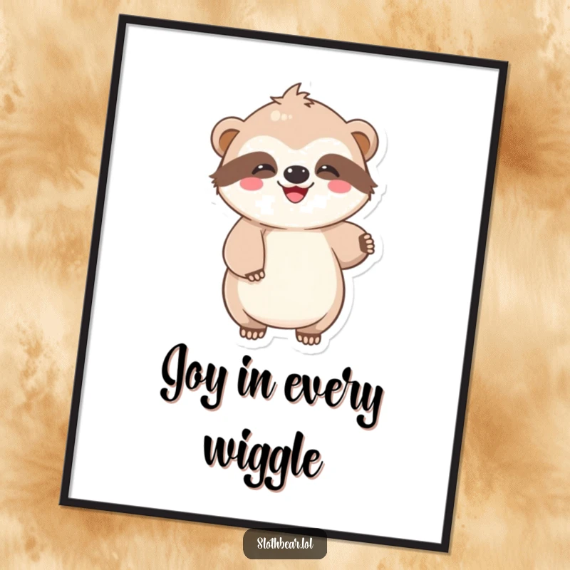 Funny Poster art of a kawaii sloth bear character performing a lazy, joyful wiggle, celebrating happiness and relaxation.