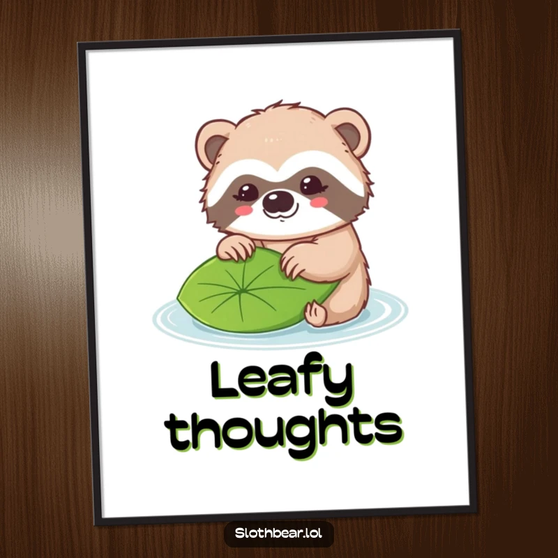 Funny poster artwork of a kawaii sloth bear character gently pushing a single leaf floating downstream.