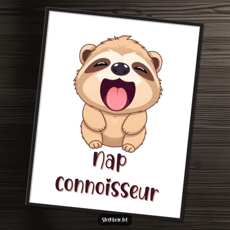Funny sloth bear poster capturing a bear yawning widely, revealing a tiny pink tongue, perfect for humorous wall decor.