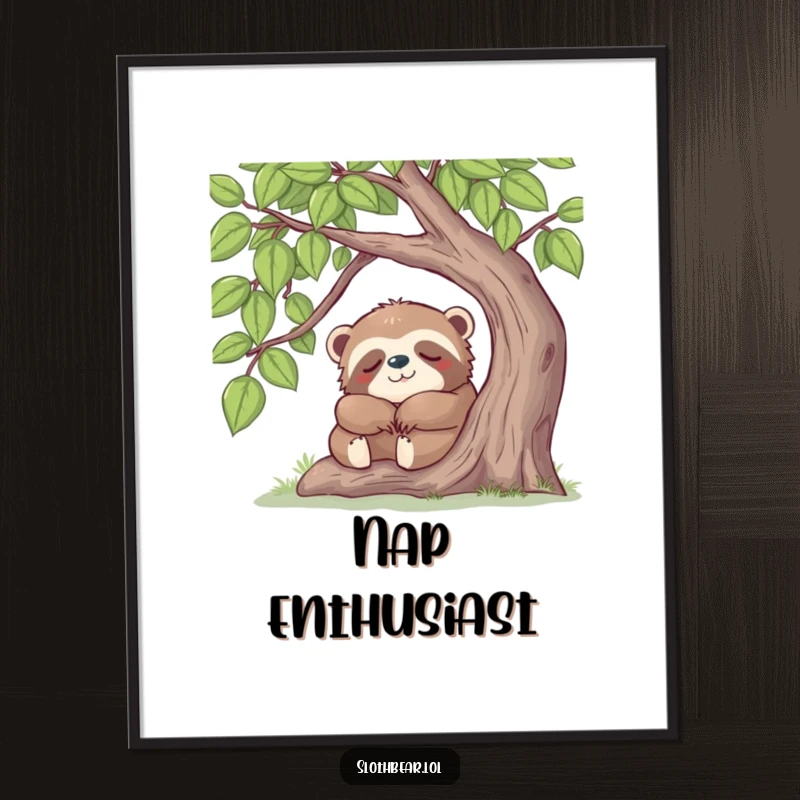 Funny sloth bear peacefully napping under a leafy tree, presented as a serene and humorous piece of wall art.